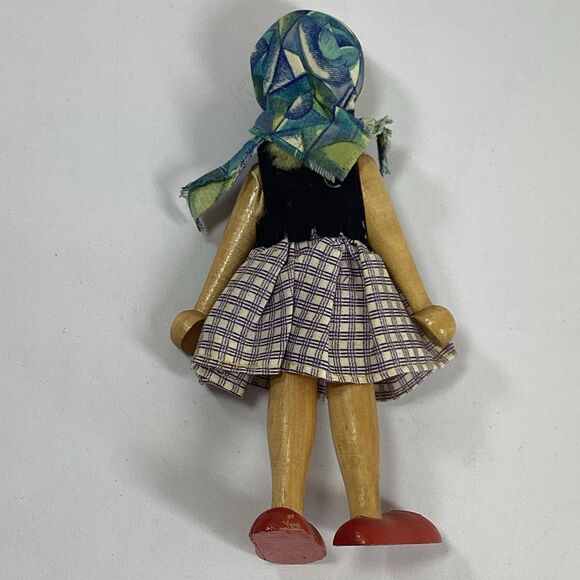 Vtg Poland Wood Peg Doll Girl Blond Hair Purple Plaid Skirt Red Shoes 7" - Picture 4 of 9
